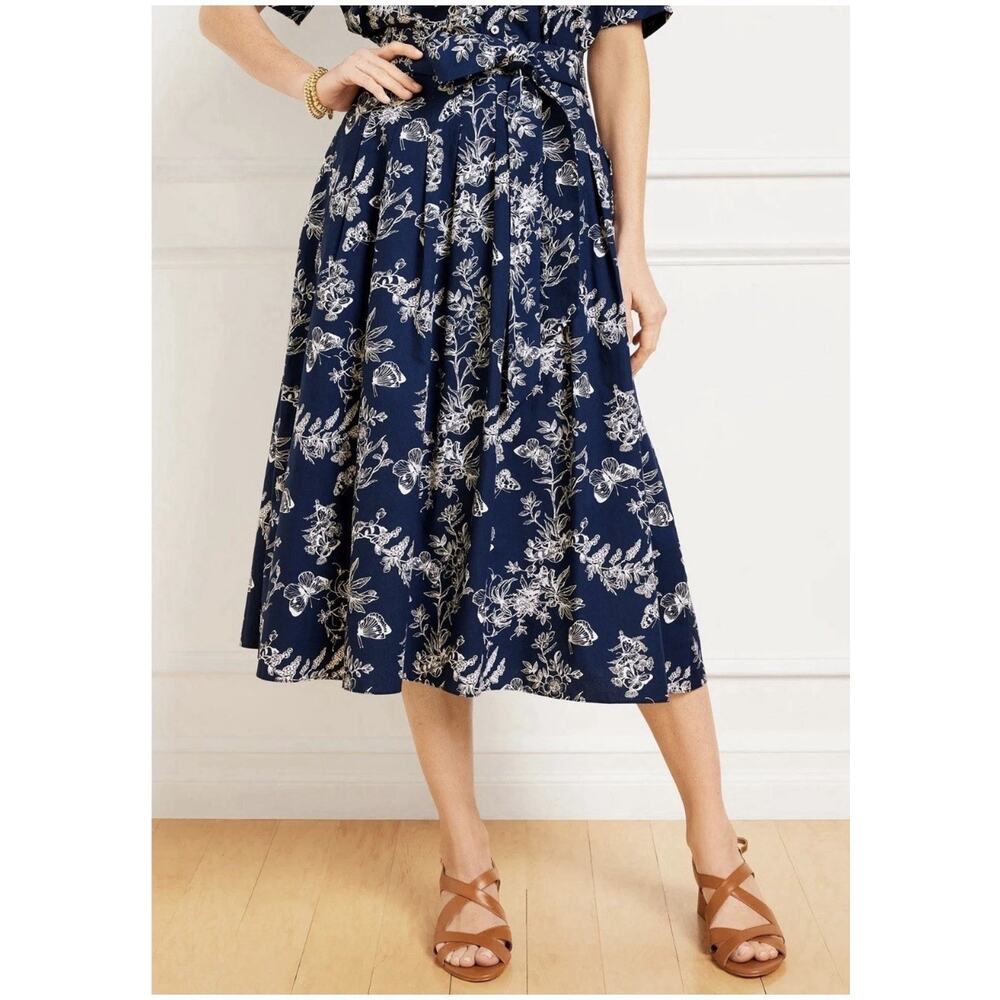 Talbots Skirt Women 6 Petite Navy Blue White Piper Pleated Butterfly Midi NWT